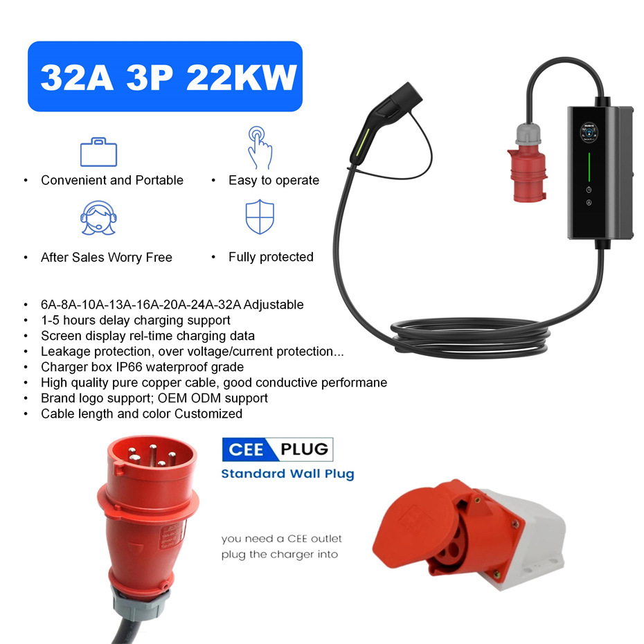 32A 22KW Type 2 Level 2 Portable EV Charger